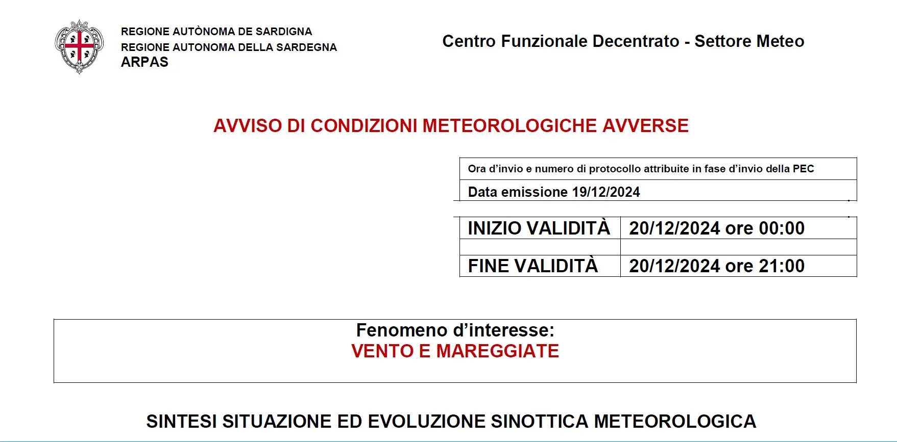 Avviso di condizioni meteorologiche avverse