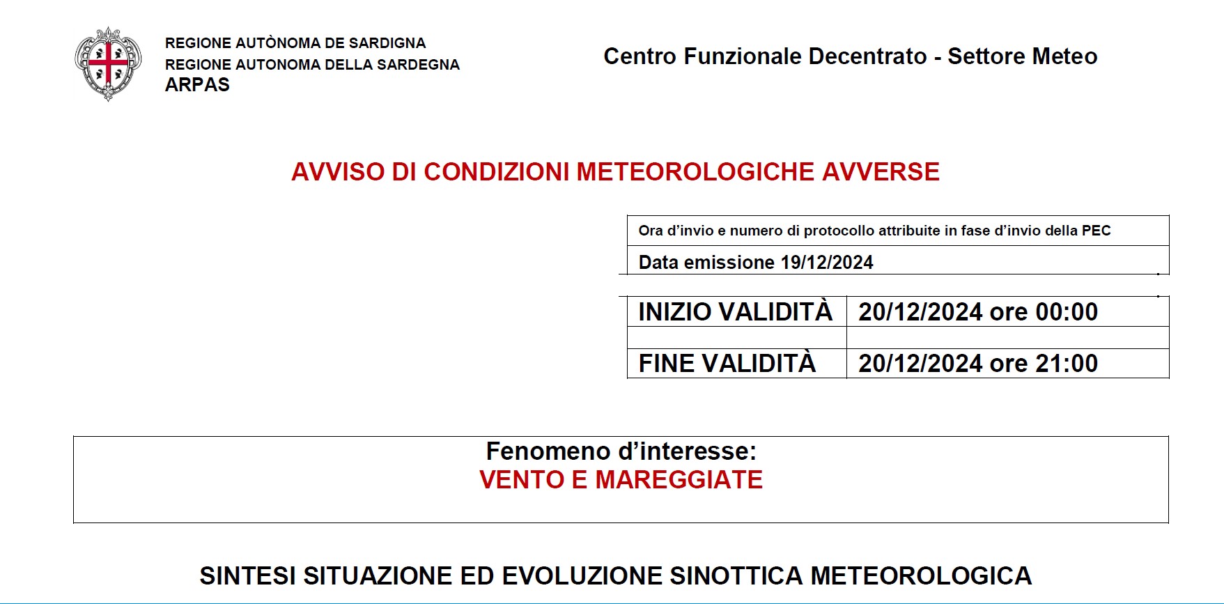 AVVISO DI CONDIZIONI METEOROLOGICHE AVVERSE